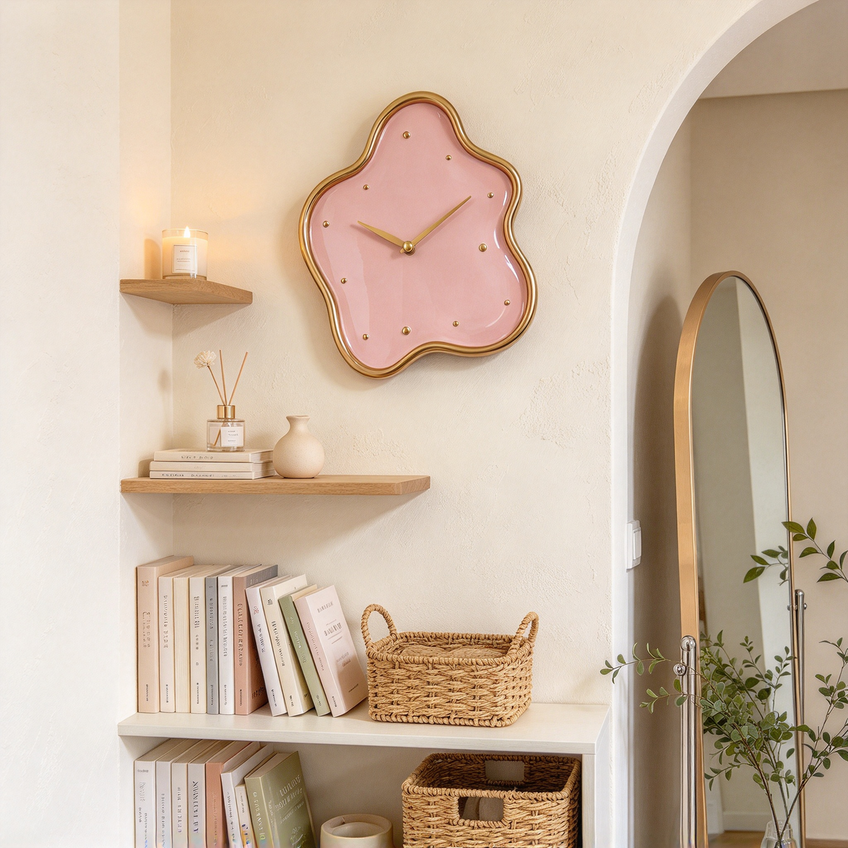Pink Wavy Cloud Wall Clock With Gold Rim