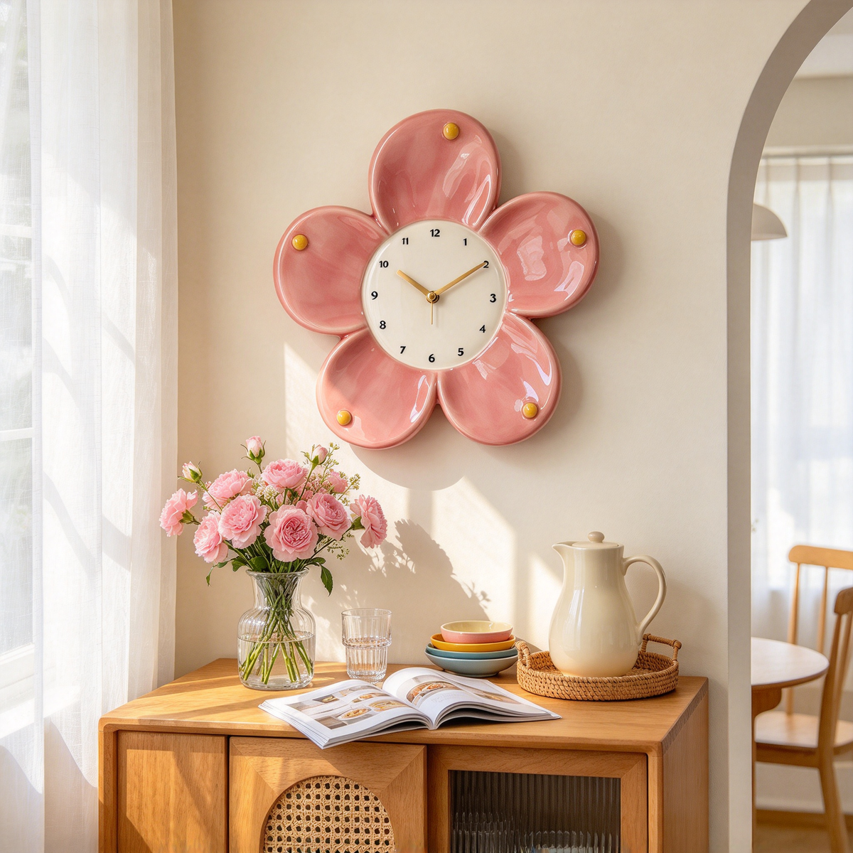 Pink Daisy Flower Ceramic Wall Clock