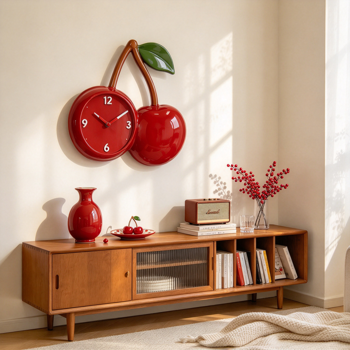 Glossy Red Cherry Wall Clock