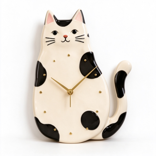 Black and White Spotted Cat Wall Clock