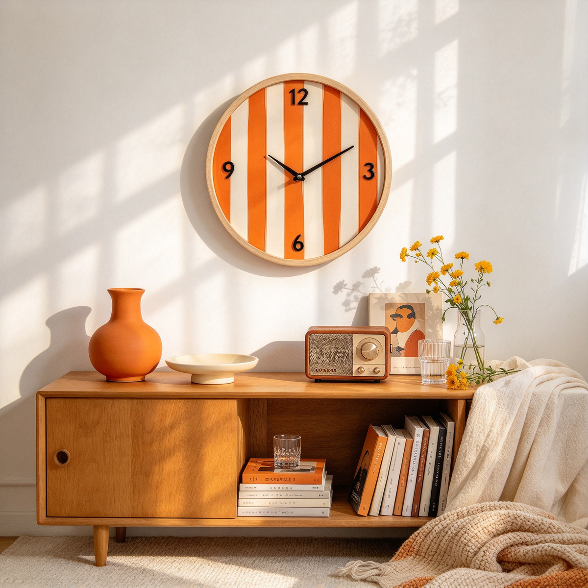 Orange Stripe Wooden Rim Wall Clock