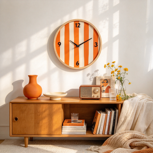 Orange Stripe Wooden Rim Wall Clock