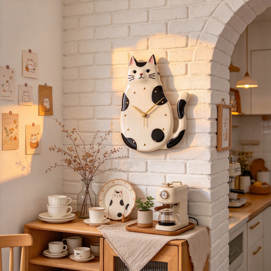Black and White Spotted Cat Wall Clock