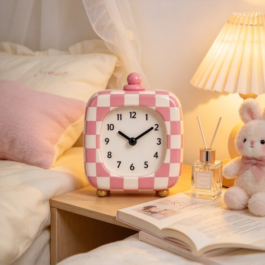 Pink Checkered Square Desk Clock
