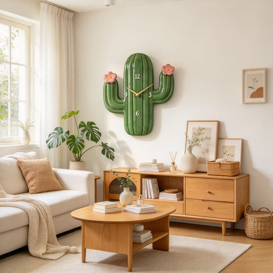 Green Cactus Wall Clock With Pink Flowers