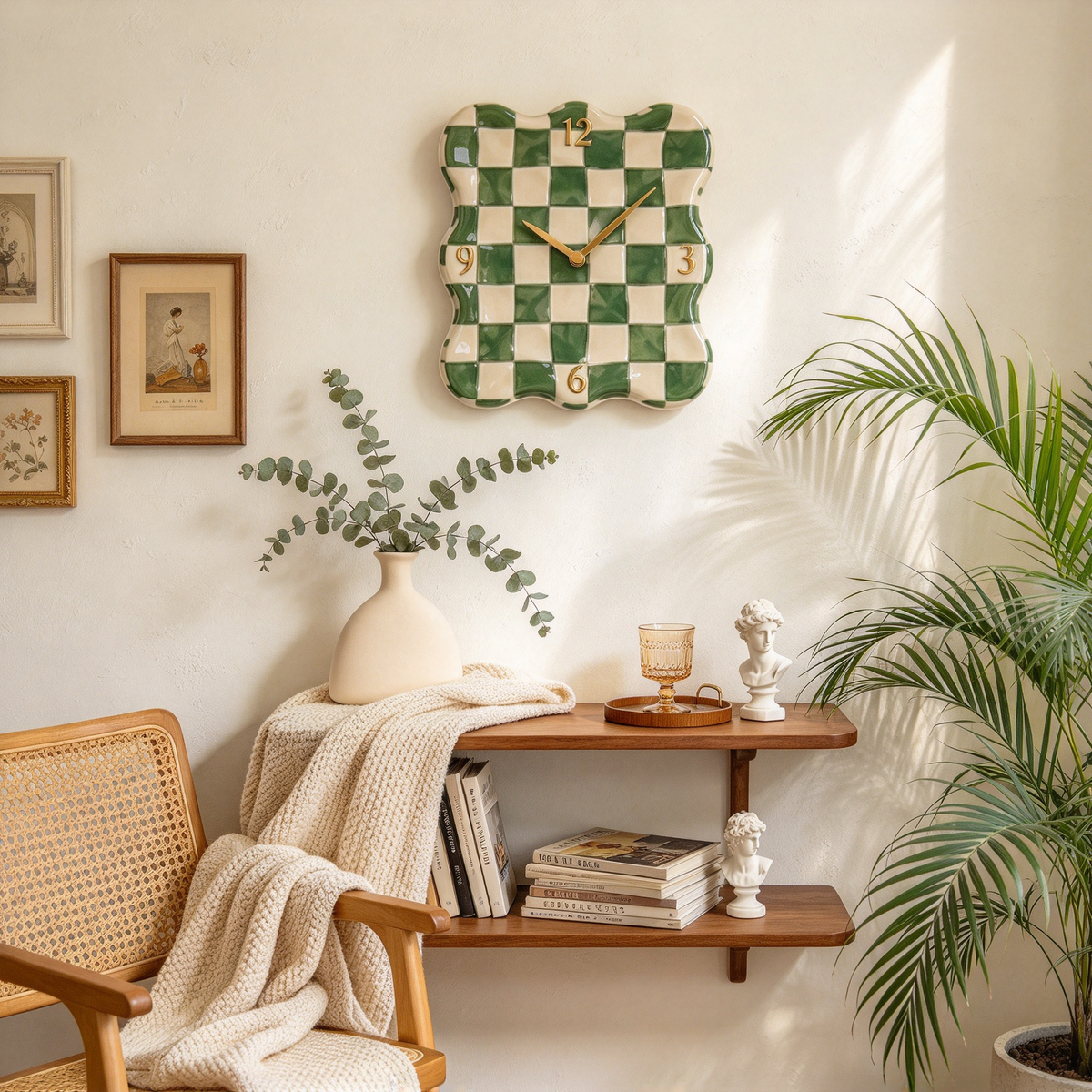 Wavy Green Checkerboard Wall Clock