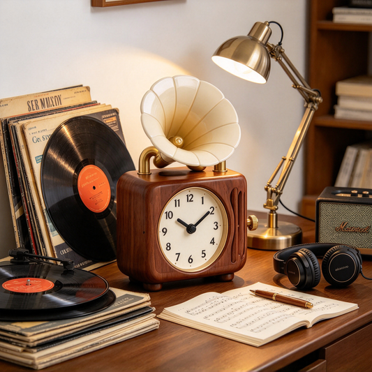 Vintage Gramophone Wooden Clock