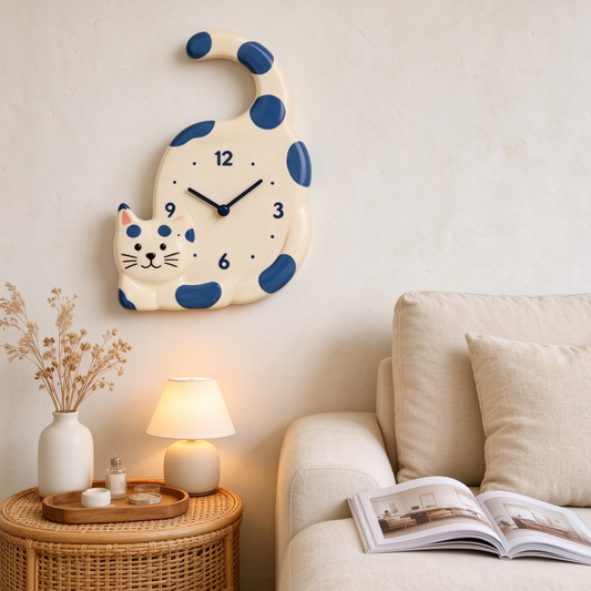Cream Blue Spotted Curled Tail Cat Wall Clock