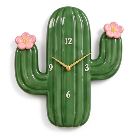 Green Cactus Wall Clock With Pink Flowers
