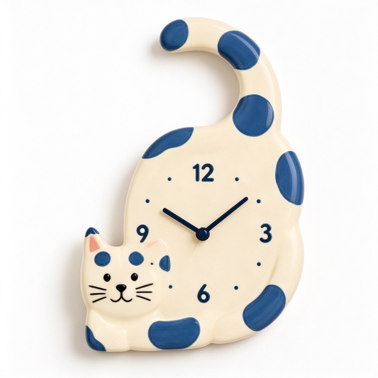 Cream Blue Spotted Curled Tail Cat Wall Clock